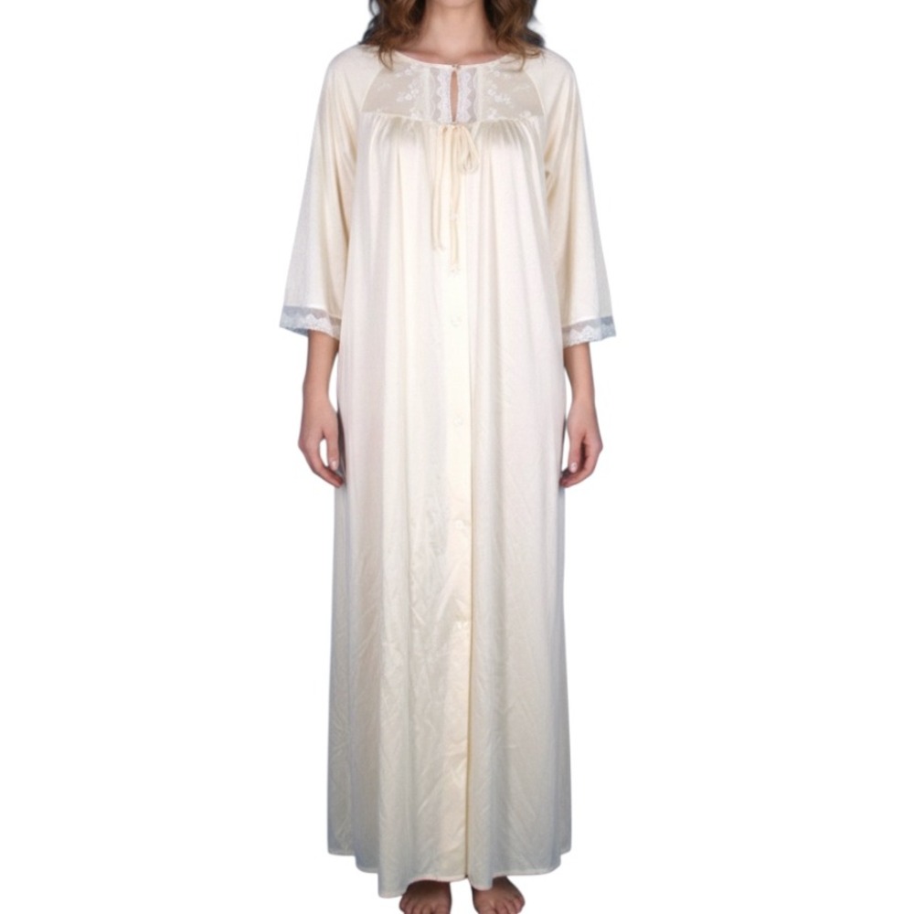 VTG SHADOWLINE Nylon IVORY Button-Up LACE/EMBROIDERED DETAIL Lounge ROBE M